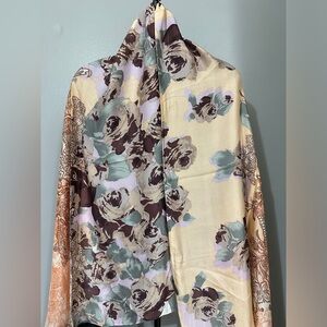 100% silk scarf shawl floral roses herringbone
